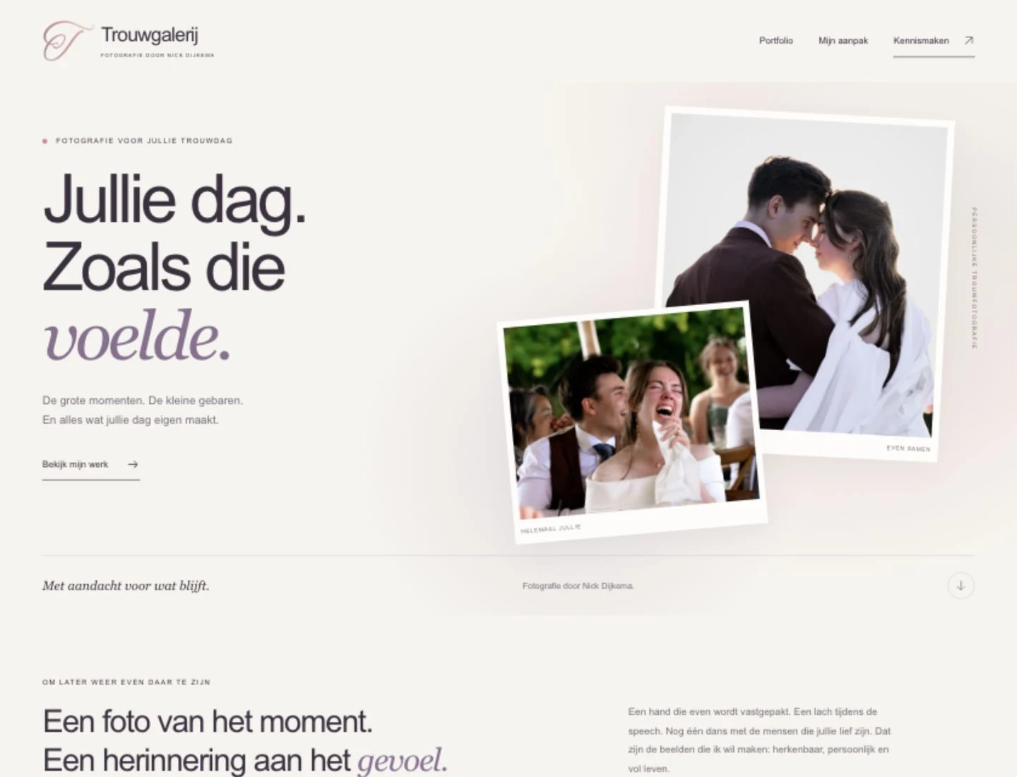 De door Nick ontworpen Trouwgalerij-website met de titel Jullie dag. Zoals die voelde.